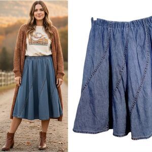 VTG 90s Blue Denim Patch Pull On Full Midi Jean Skirt  *Fits like Medium